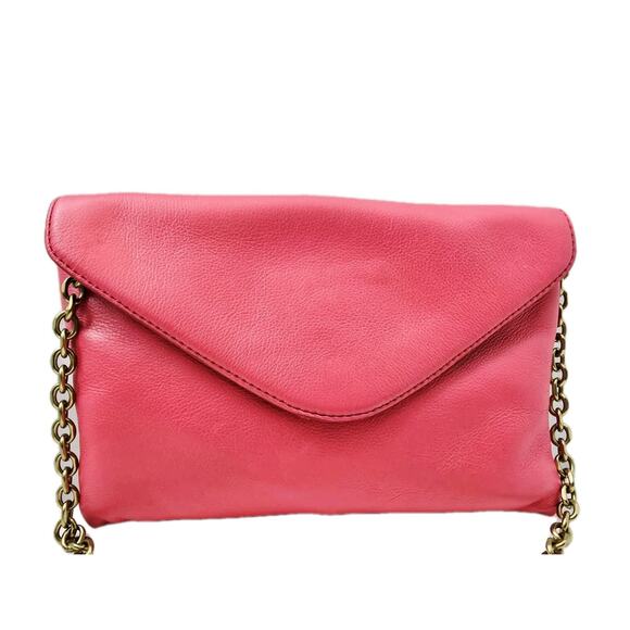 J. Crew Hot Pink Leather Invitation Bag Clutch Envelope Shoulder Purse w/Chain - Picture 2 of 12